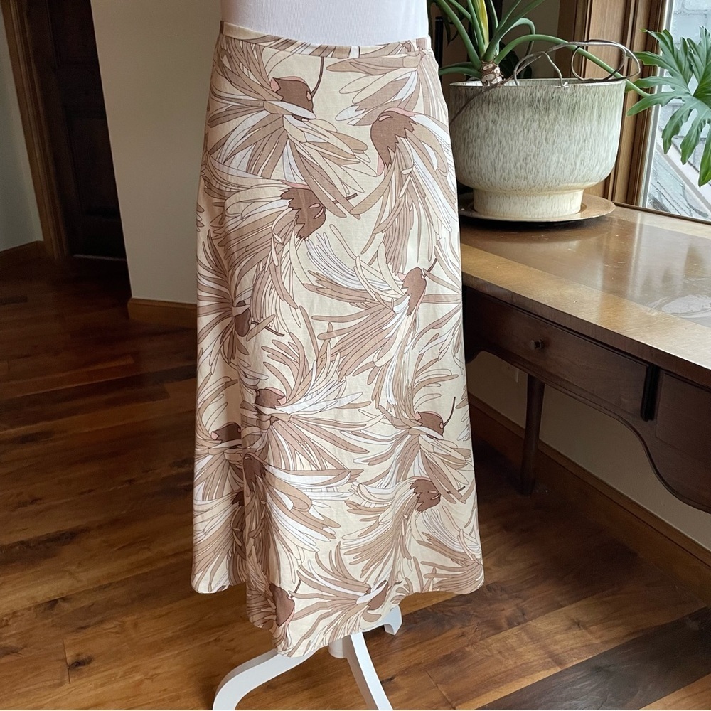 Vintage Linen Blend Floral A-Line Beige and Tan Midi Skirt 90s Y2K Office Work